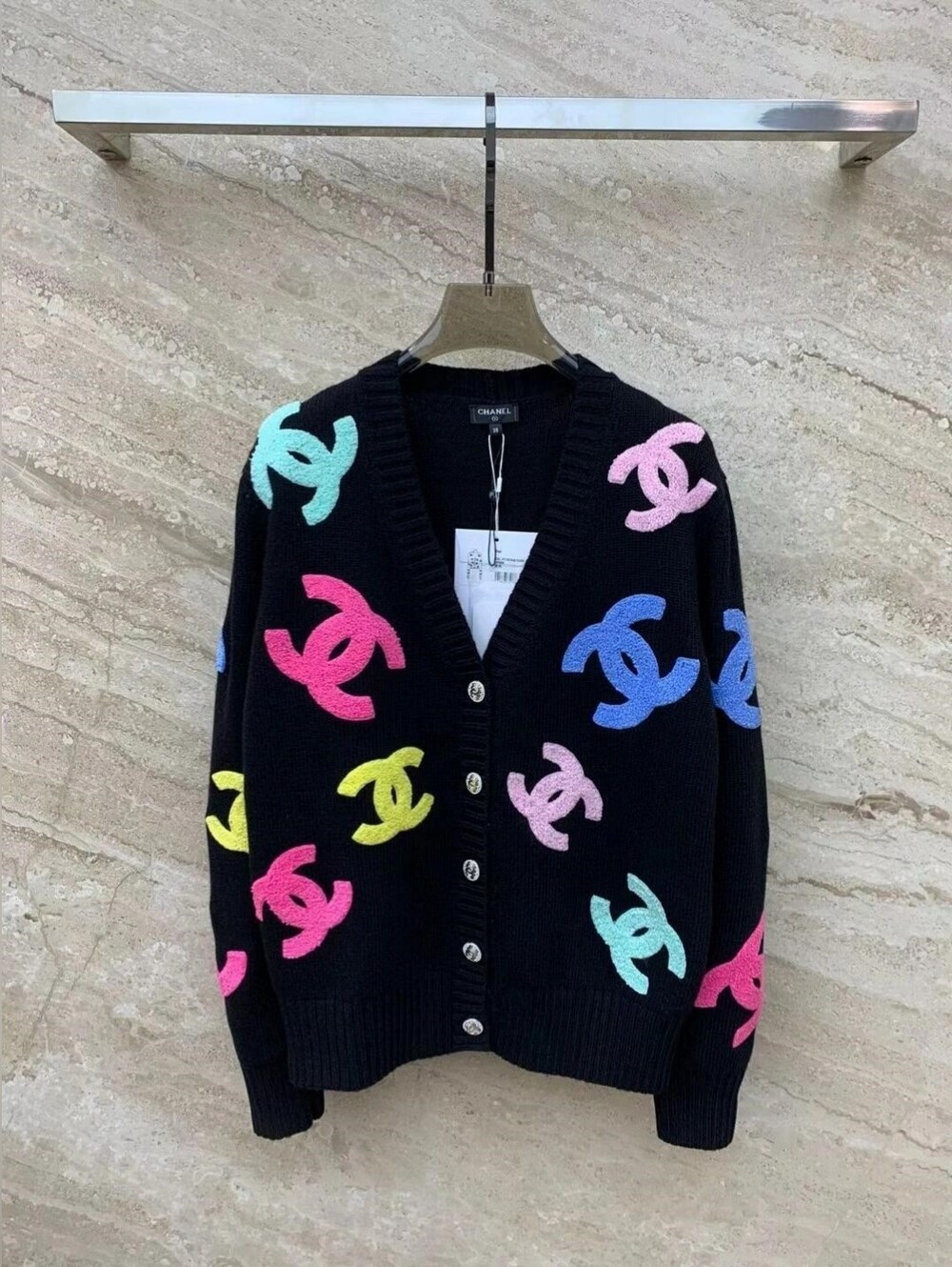 Chanel Black with Multicolor CC Logo Knit Cardigan Sweater